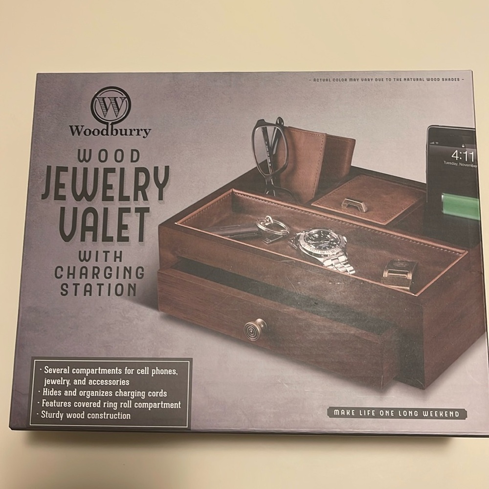 Woodburry Wood Jewelry Valet with Charging Station